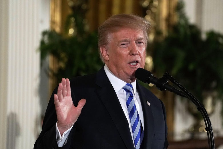 WASHINGTON, DC - FEBRUARY 20: U.S. President Donald Trump speaks during a Public Safety Medal of Valor award ceremony at the East Room of the White House February 20, 2018 in Washington, DC. The medal is the nation's highest award to public safety officers who have 'exhibited exceptional courage, regardless of personal safety, in the attempt to save or protect human life.' (Photo by Alex Wong/Getty Images)